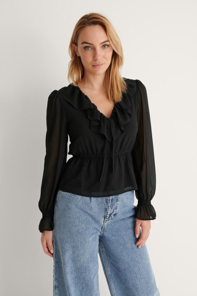 NA-KD Maat 38 Frill V-Neck Chiffon Dames Blouse