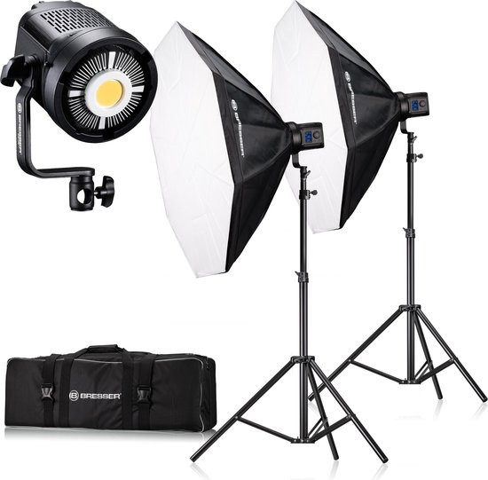 Bresser Fotostudio Set - BR-80SL - 2 x COB LED-Lamp 80W - 2x Octabox 95cm - 2x Lampstatief 200cm - I