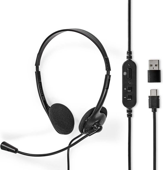 Nedis PC-Headset - On-Ear - Stereo - USB Type-A / USB Type-C - Inklapbare Microfoon - Zwart