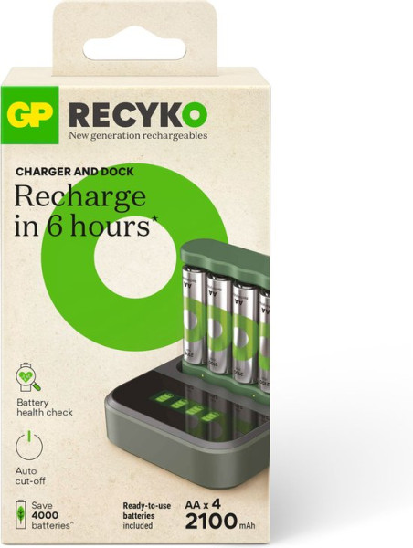 GP ReCyko Batterijlader - (USB) B421 4-slot incl. 4 x AA 2100 mAh + Docking - Oplaadbare batterijen