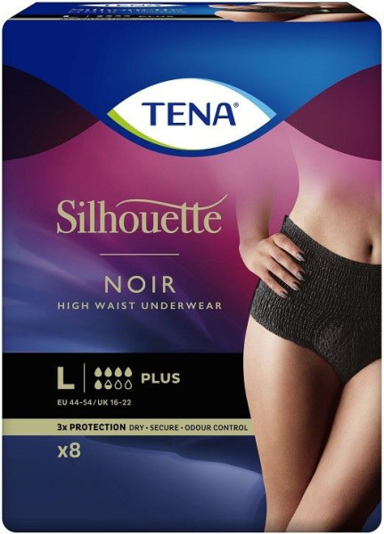 TENA LADY SILHOUETTE LARGE PLUS BLACK HIGH WAIST INCONTINENTIEBROEKJES PAK 8 STUKS