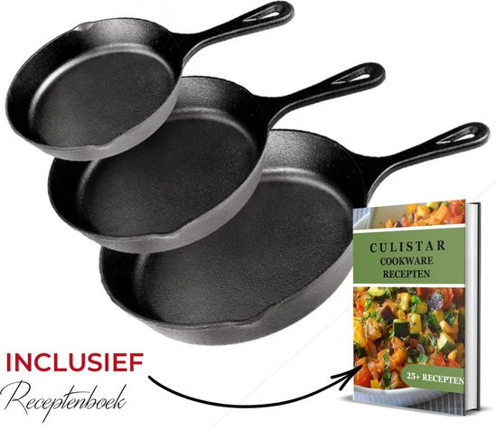 Gietijzeren Pannenset - 3-Delige Skillet Braadpan Set - Geschikt voor Alle Warmtebronnen - Pannenset