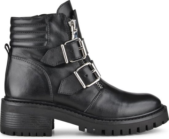 PS Poelman -maat 38- Klara Dames Leren Chunky Biker Boot met Gespen en Ritssluiting - Zwart