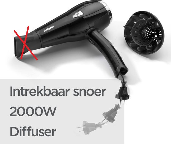 BaByliss Cordkeeper 2000 D374DE - Föhn - DC motor - 1,95m intrekkend snoer - Diffuser - Ionisch