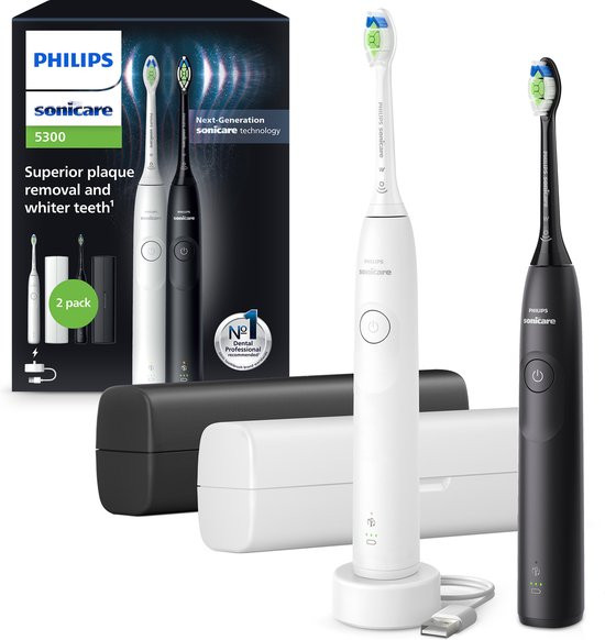 Philips Sonicare 5300 Series - Elektrische Tandenborstels - Wit & Zwart - Duopack- 2 reisetuis - Wit