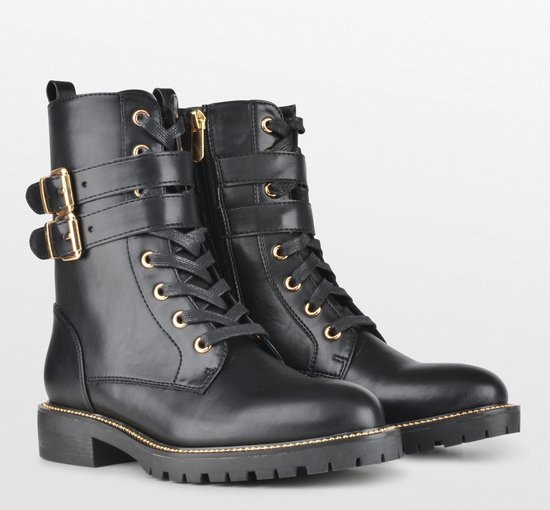 PS Poelman Dames -maat 36- DUNGABALL PU Imitatieleren Biker Veter Laarzen Boots met Gouden Gespen en